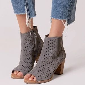 Toms Majorca Forged Iron Gray Perforated Suede Heeled Peep Toe Boots
